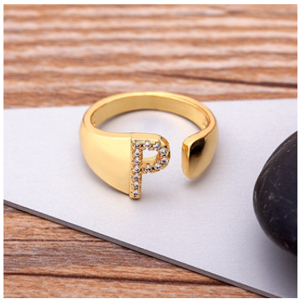 Fashion Chunky Wide Hollow A-Z Letter Gold Color Opening Ring Initials Name Alphabet Female Jewelry P