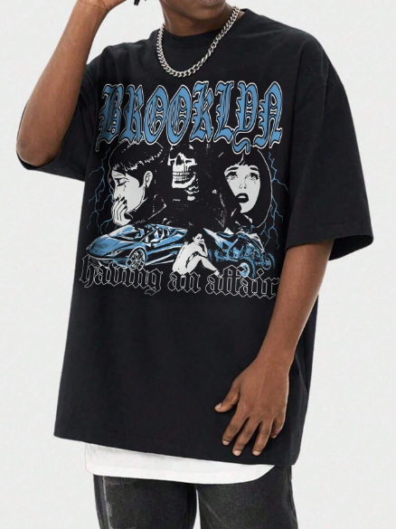 ROMWE Street Life Men Figure & Letter Graphic Short Sleeve Tee For Summer