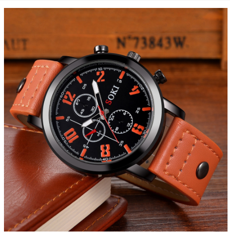 Gift fashion waterproof sports leather analog original watch for men Creative Fake Three-Eye Leather Quartz Men's Watch M3