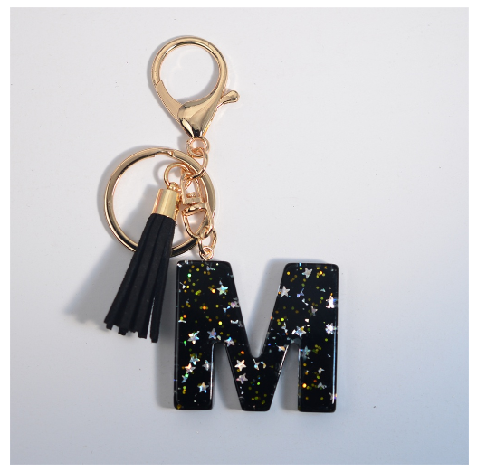 Black A-Z 26 Letter Key Chain Fashion Star Sequin Filled Initials Keyrings For Women Bag Ornaments Charm Car Key Holder Gifts M