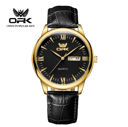 OPK Men's Watch Waterproof Original Quartz Calendar Belt Watch BLACK DIAL GOLD BLACK LEATHER STRAP