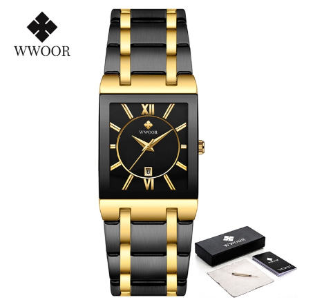 Wwoor Gold Bracelet Watches Men Gevena Square Clock Male Stainless Steel Waterproof Auto Date Quartz Watch BLACK DIAL TWO TONE OF BLACK GOLD