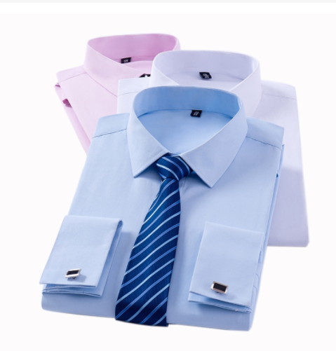 Men's Classic French Cuff Dress Shirts Long Sleeve No Pocket Tuxedo Male Shirt With Cufflinks Formal Party Wedding White Blue