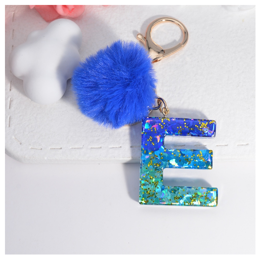 Exquisite Blue Pompom A-Z 26 Letter Keychain Glitter Heart Sequin Filled Initials Keyrings Bag Accessories Charm Car Keyholder E