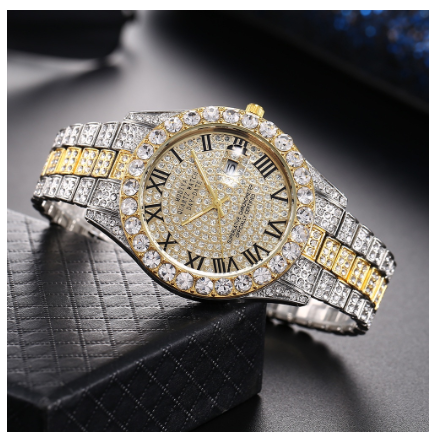 new rhinestone starry hip hop men's watch magnifying glass calendar full diamond roman scale alloy steel band watch men F1