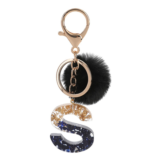 New Black Pompom 26 English Alphabet Resin With Gold Foil Keychain Charms Exquisite Letter Keyring S