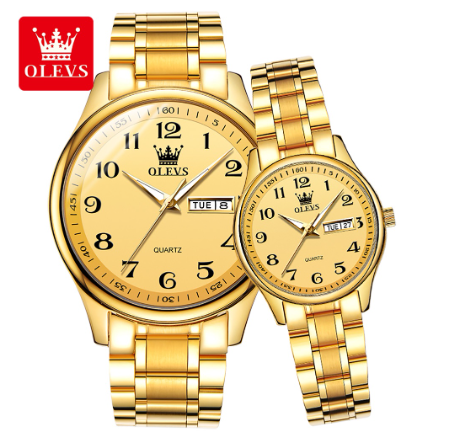 Olevs Couple Watch Quartz Waterproof Calendar Digital Dial Stainless Steel Strap Watch ALL GOLD