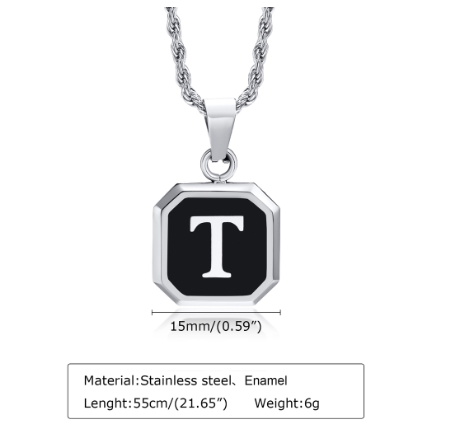Meaeguet A-Z Letter Necklace for Men,Stainless Steel Square Letter Pendant Chain Necklace Jewelry Gifts T