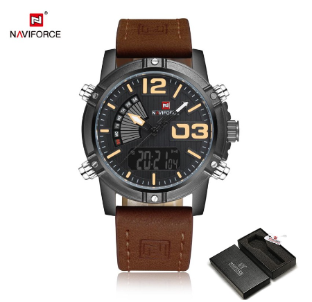 Naviforce NF9095 Men Business Luxury Brand Military Sport Watches Quartz Week Display Wristwatch DARK BROWN