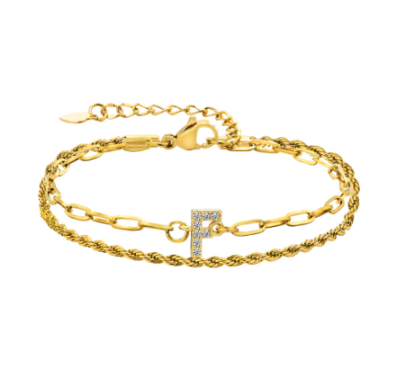 Vnox Letter Double Layer Braelet,18K Gold Fried Twistsed Paper Clip Zirconia Initial Stainless Steel Chain Link for Women F