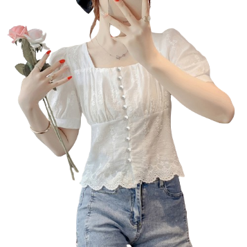 Lovito Women Elegant Plain Pleated Button Embroidery Blouse LNE40355