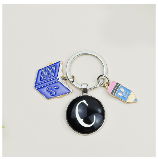 1Pcs Simple Glass 26 Letter Keychains Fashion Book Pencil A-Z Initials Keyrings Student Gifts Souvenir Handbag Pendant Ornament C