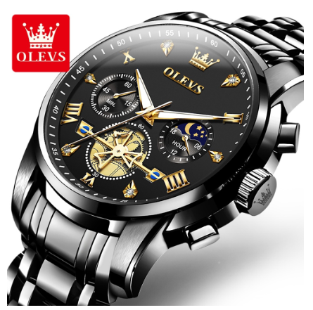 Olevs Watch For Men Waterproof Original Quartz Luminous Stainless Steel Multifunctional Watch ALL BLACK