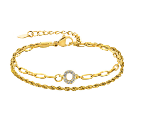 Vnox Letter Double Layer Braelet,18K Gold Fried Twistsed Paper Clip Zirconia Initial Stainless Steel Chain Link for Women O