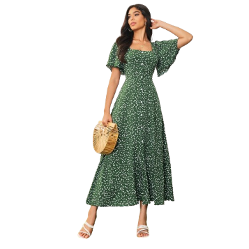 Lovito Women Casual Ditsy Floral Zipper Dress LBA05180 (Green)