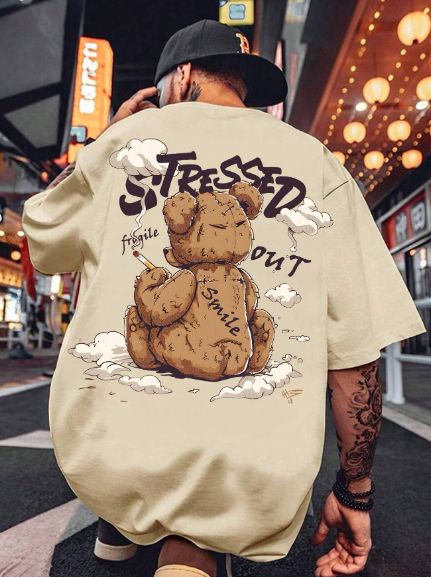 Men's Summer Cartoon Bear Printed T-Shirt With Lettering, Crew Neckline, Short Sleeve, Casual