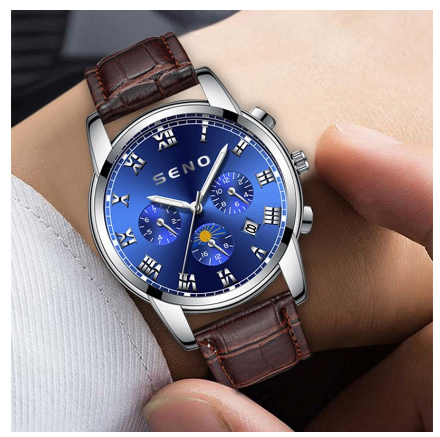 SENO Fashion Luxury Men's Watch Stainless Steel Casual Wristwatches Quartz Movement 30M Waterproof Calendar Original Watch BLUE LEATHER