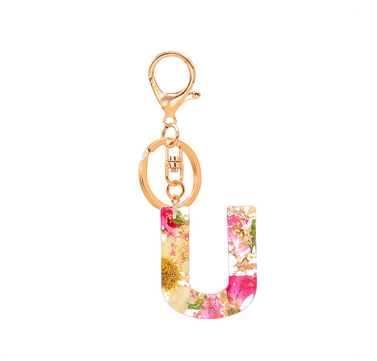 A-Z 26 Letter Pendant Keychains Resin Dried Flower Alphabet Keyring Charm Women Cute Bag Ornamant Accessories Gifts U