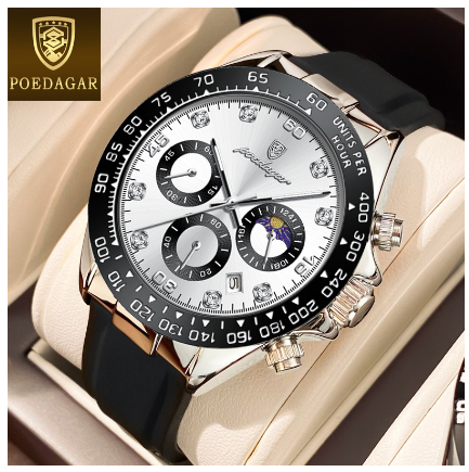 POEDAGAR multifunctional chronograph watch for men waterproof 2023 sale original fashion silicone sports watch luminous Watch SILVER BLACK