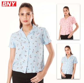 BNY Ladies Floral Short-Sleeve Lapel Collar Full-Button Rayon Shirt 020