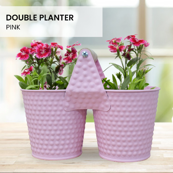 Galvanized Metal Double Bucket Planter Outdoor Plants Container Flower Pot Wooden Handle