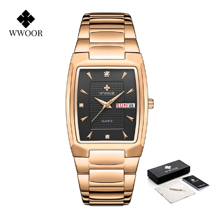 Wwoor Watch Men With Automatic Week Date Luxury Stainless Steel Gold Mens Quartz Wrist Watch BLACK DIAL ROSEGOLD CASE STRAP