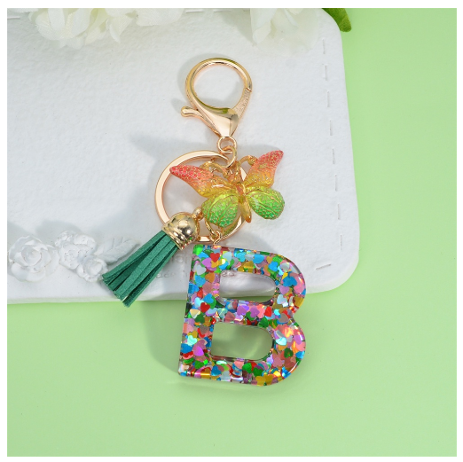Fashion Butterfly Pendant 26 Letter Keychain Heart Sequins Filled A-Z Initial Key Chains With Tassel Bag Charms Accessories Gift B