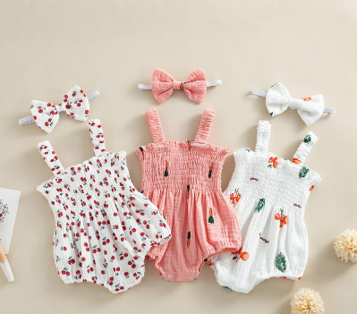 Babybaby-Baby Girl Sleeveless Cherry/Carrot/Tree Print Romper with Headband