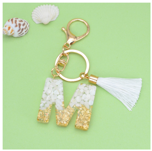 1Pc Gold Tassel Alphabet Keychain English Letter Keyring Glitter Gradient Resin Gold Leaf Crafts Car Mirror Handbag Charms M
