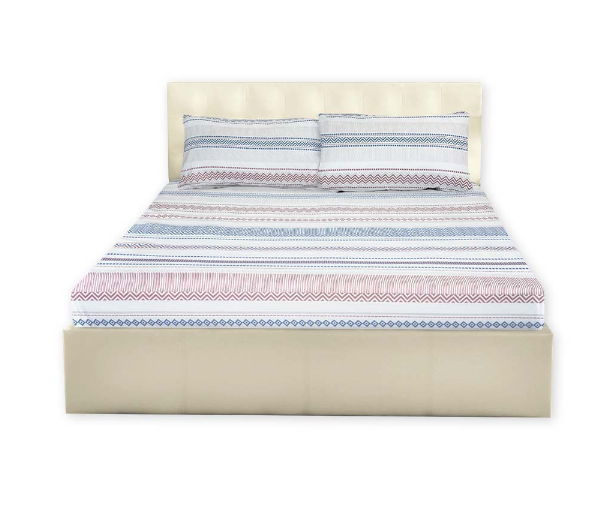 3in1 Garterized Bed Sheet Set - 2 Pillowcases & 1 Fitted Sheet - Blue Red Chevron