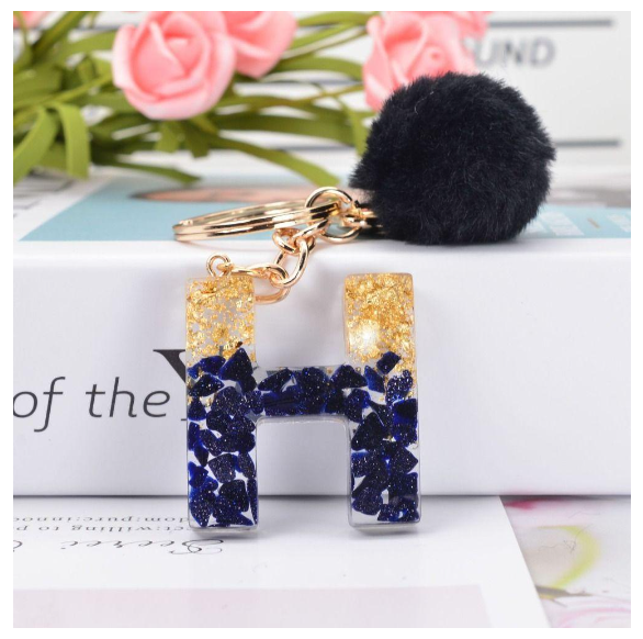Lanfy Black Pompom Letter Keychain 26 Letter Initials Alphabet A To Z 26 Alphabet Keyring Cute A To Z 26 Black Pompom Resin Birthday Gifts H