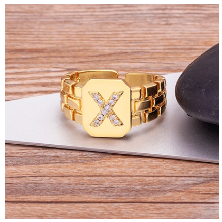 New Arrival Fashion Gold Color Initial Ring Open Design Adjustable Hot Sale A-Z Letters Zircon Rings For Women X