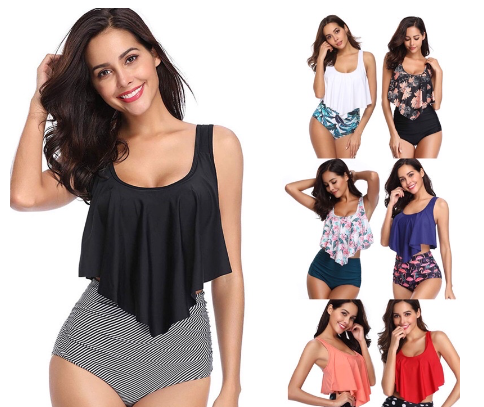 Highwaist Swimsuit Two Piece Bikini Swimsuit Backless Halter Printed Swimwear for Women