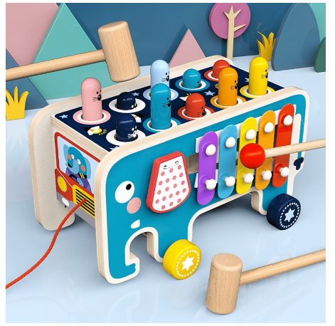 Early Learning Wooden Hammer Pounding Toy with Gears, Gift for 1-4 Year Old Boys and Girls