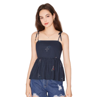 Lovito Women Lace Up Ruffle Tank Top L59ED023 (Navy Blue)