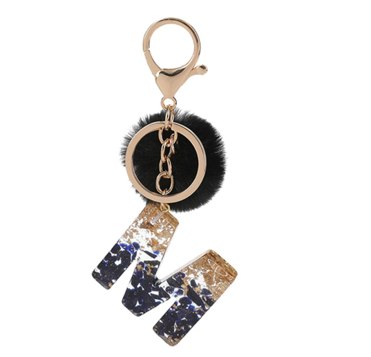 New Black Pompom 26 English Alphabet Resin With Gold Foil Keychain Charms Exquisite Letter Keyring M