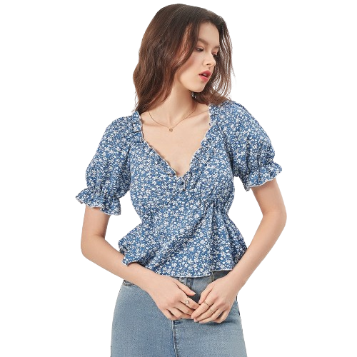 Lovito Women Ruffle Lettuce Trim Puff Sleeve Blouses L68ED023 (Blue)