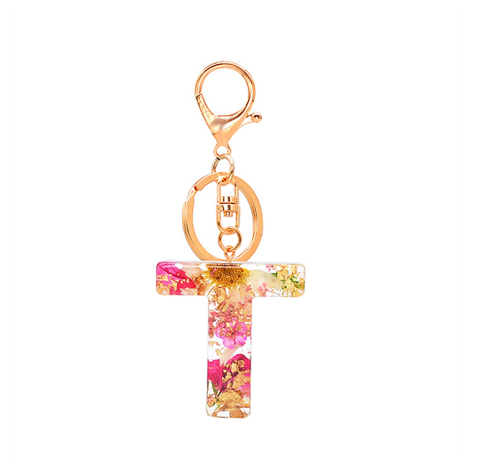 A-Z 26 Letter Pendant Keychains Resin Dried Flower Alphabet Keyring Charm Women Cute Bag Ornamant Accessories Gifts T