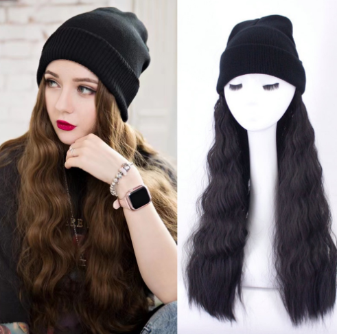 65CM Women Wig With Black Wool Cap Beanie Hat Long Curly Hair Wig Corn Hair Extension