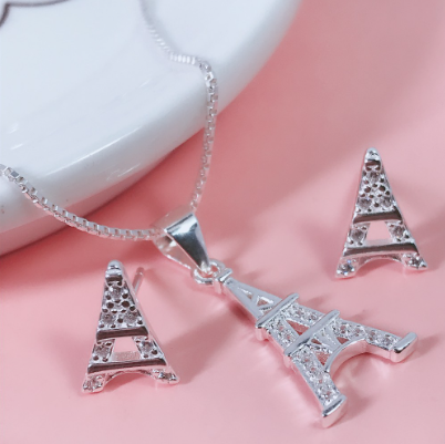 Silver Korean Jewelry Accessory Eiffel Tower Necklace With Earrings