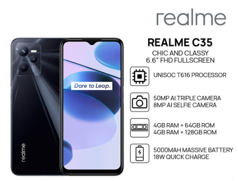 Realme C35 Cellphone | 4GB RAM+64GB/128GB ROM | 50MP AI Triple Camera | Unisoc T616 Processor