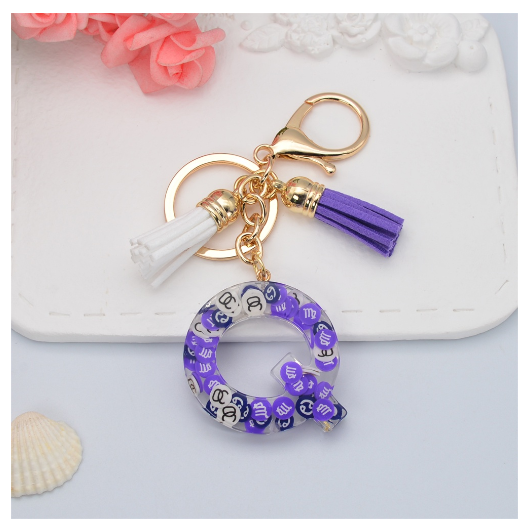 New 26 Letters Constellation Symbol Slice Resin Keychain Charms Women Handbag Ornaments With Tassel Key Ring Accessories Gift Q