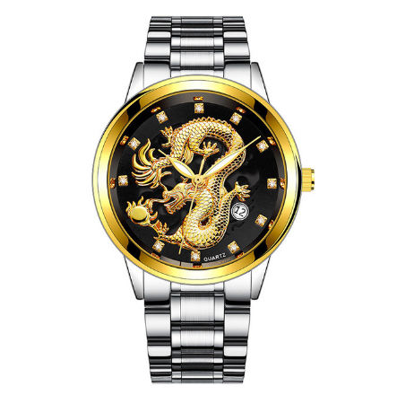 Creative Embossed Chinese Dragon High-end Business Calendar Watch Diamond-studded Steel Band Men's Quartz Watch 009