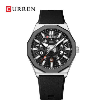 CURREN New Men's Watch Sports Casual Silicone Strap Pointer Luminous Dial Automatic Calendar Waterproof 8437 X BLACK