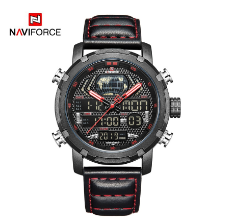 Naviforce Men Top Brand Luxury Sport Leather Strap 30M Waterproof Miliary Dual Display Wristwatch BLACK RED