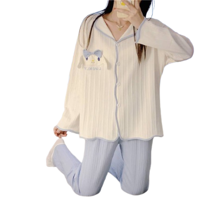 Lovito Women Bow Contrast Binding Pattern Pajama Sets LNA24151 (Blue)