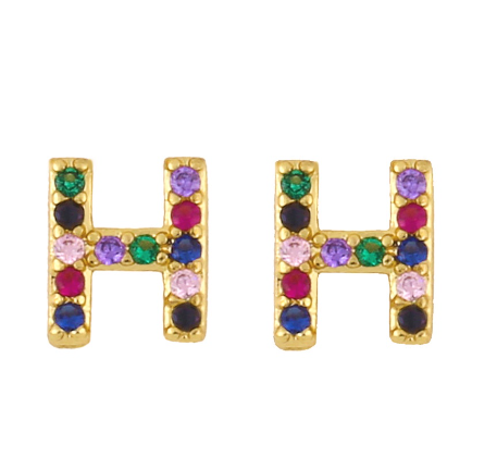 New European and American Fashion Gold 26 Letters Colorful Zircon Alphabet Stud Earrings Women Jewelry Gifts H