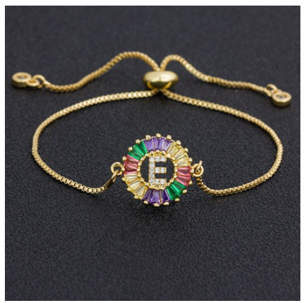 New Fashion A-Z Initial Colorful Cubic Zircon Letter Bracelets Adjustable Chain Rainbow Jewelry E