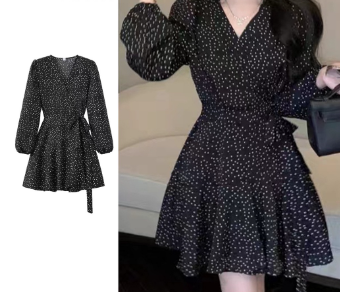 Lovito Women Casual Polka Dot Wrap Puff Sleeve Dress LNE27238 Black