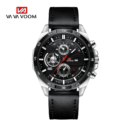 VA VA VOOM Fashion Mens Watch Top Brand Luxury Watch Waterproof Sport Quartz Clock Military Leather BLACK